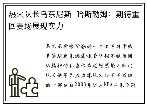 热火队长乌东尼斯-哈斯勒姆：期待重回赛场展现实力